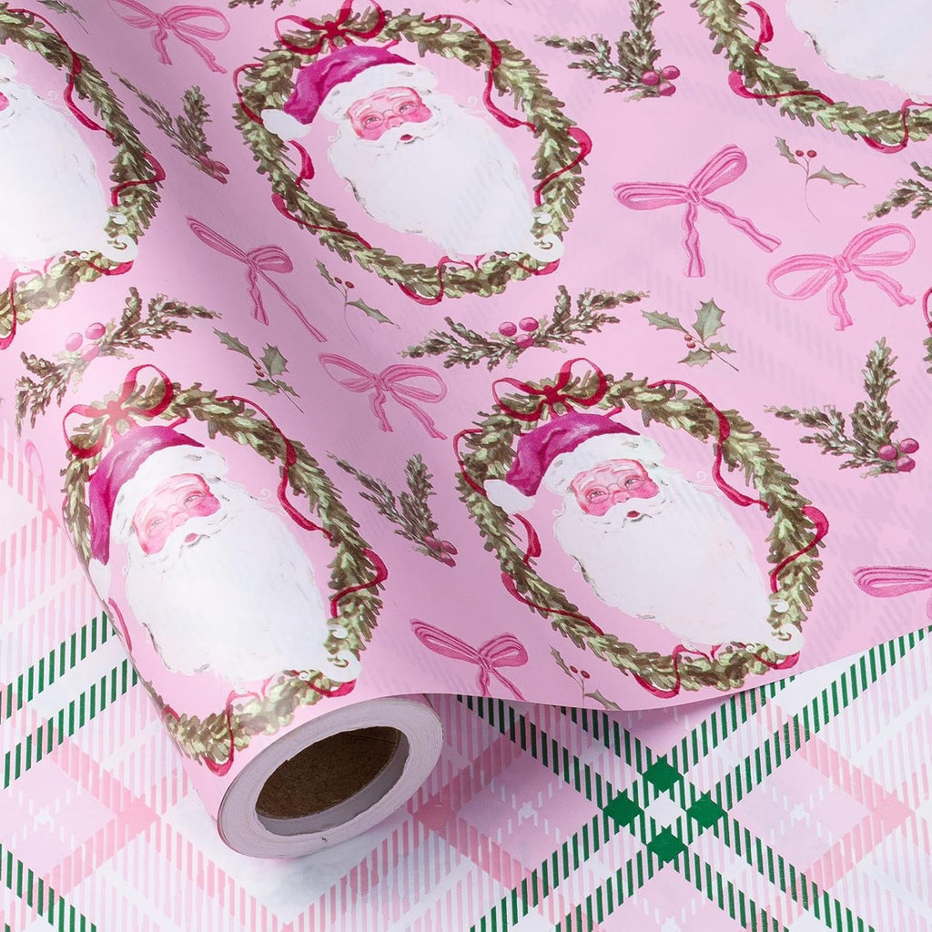 Christmas Reversible Wrapping Paper Roll for Girls, Mini Roll, Pink Santa Claus, Floral Wreath, Bow Design, Green Pink Plaid Gift Wrap Paper Perfect for Gifts, 43.2Cm X 10M