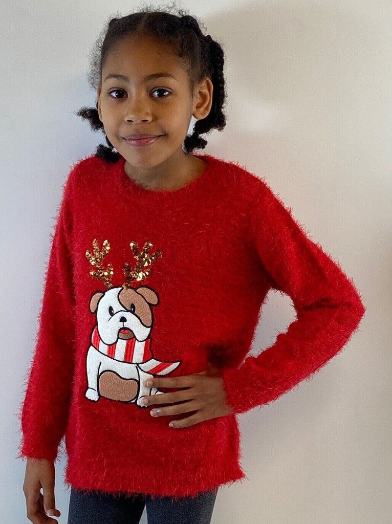 Christmas Jumper Kids Girls Bull Dog Xmas Knit Sweater Pullover Red 3-12 YRS