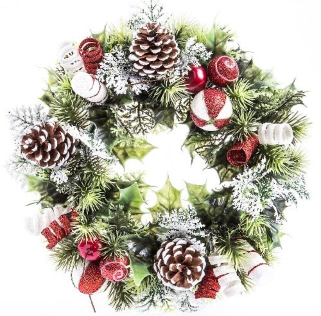 30Cm CANDY CANE CHRISTMAS DOOR WREATH GRAVE DECORATION CONE SNOW HOLLY BAUBLES
