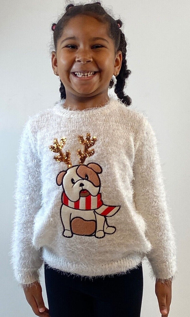 Christmas Jumper Kids Girls Bull Dog Xmas Knit Sweater Pullover Red 3-12 YRS