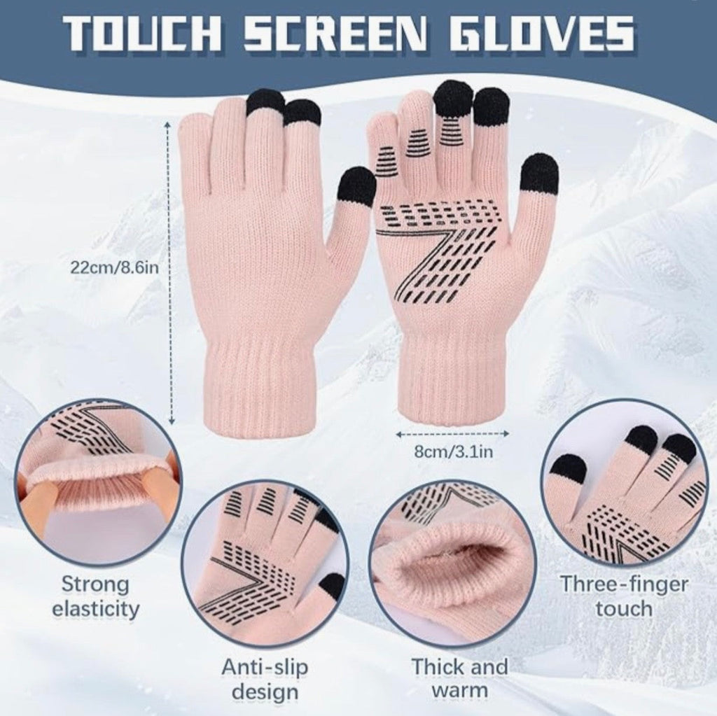 4PCS Womens Pink Knitted Hat, Scarf, Touch Screen Gloves & Socks Set