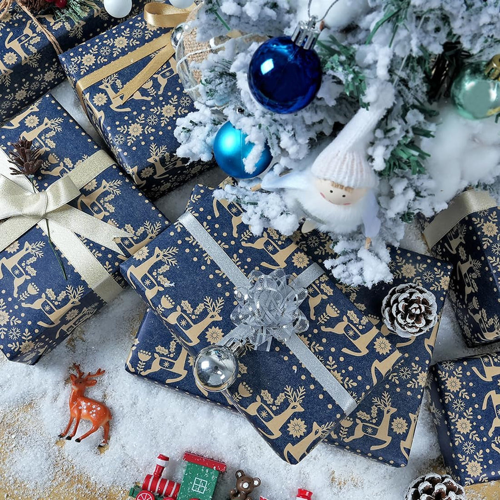 Christmas Wrapping Paper Roll, 43CM X 15M Navy Blue Vintage Xmas Wrapping Paper