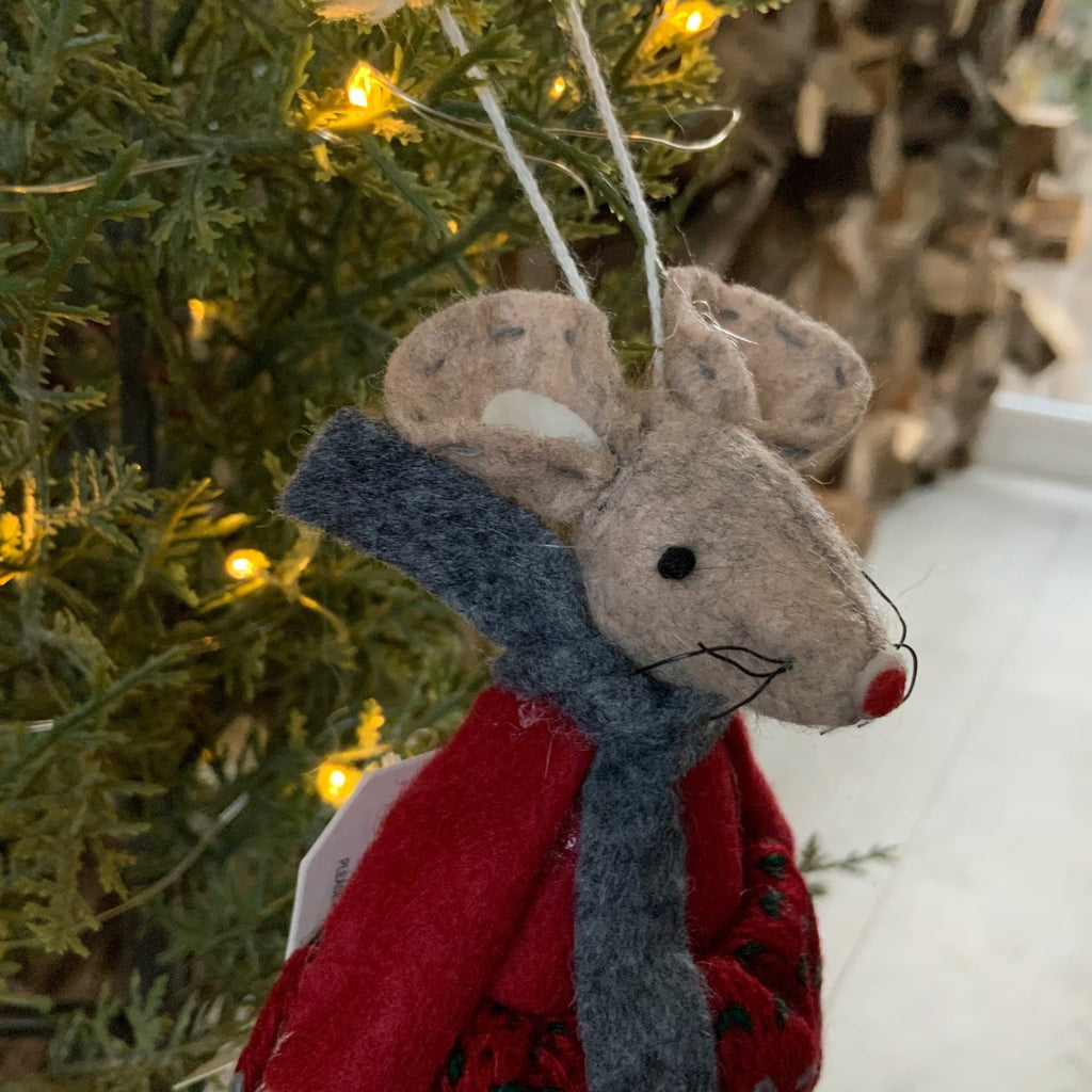 Red Hanging Mouse Girl Christmas Tree Decoration Fairisle Dress Fabric Felt