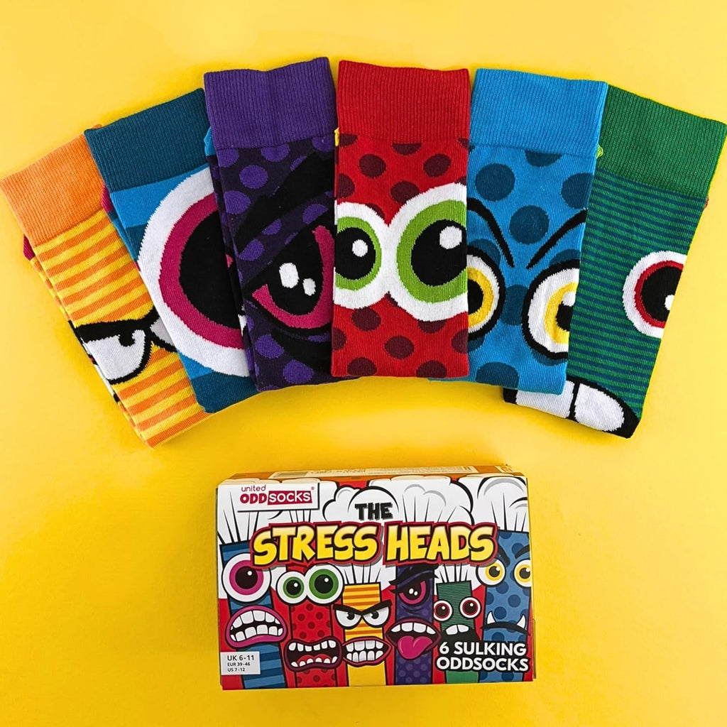 the Stress Heads Gift Box – 6 Sulking Odd Socks for Men – UK 6–11, EUR 39–46, US 7–12 – Funny Monster-Themed Mix & Match Socks – Colourful Gift for Birthdays, Father’S Day & Christmas