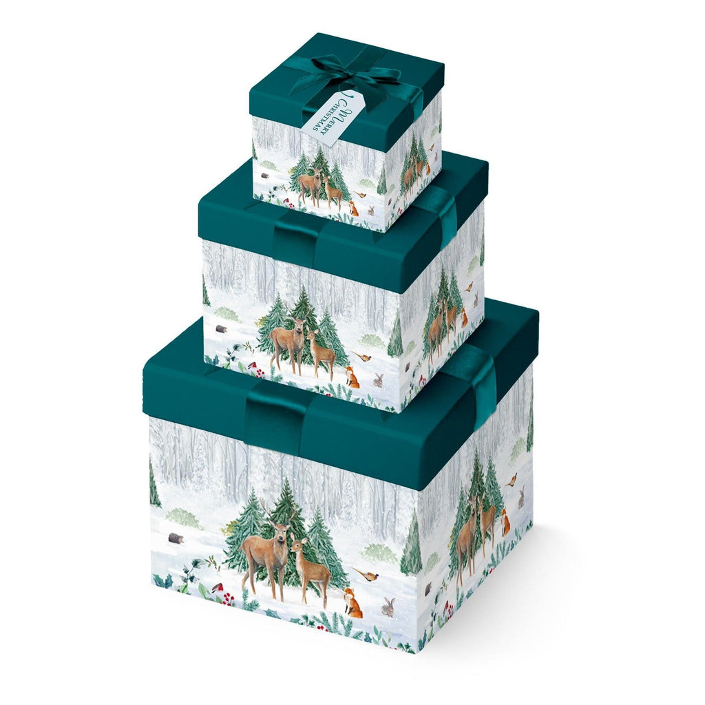 Christmas Gift Boxes 3 Pack Lift off Lids with Ribbon 12Cm 14Cm 16Cm - Woodland