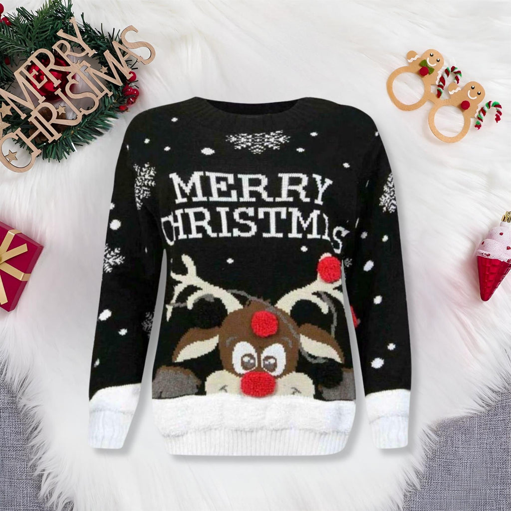 Kids 3D Pom Pom Rudolph Christmas Jumper Girls Boys Knitted Merry Xmas Sweater