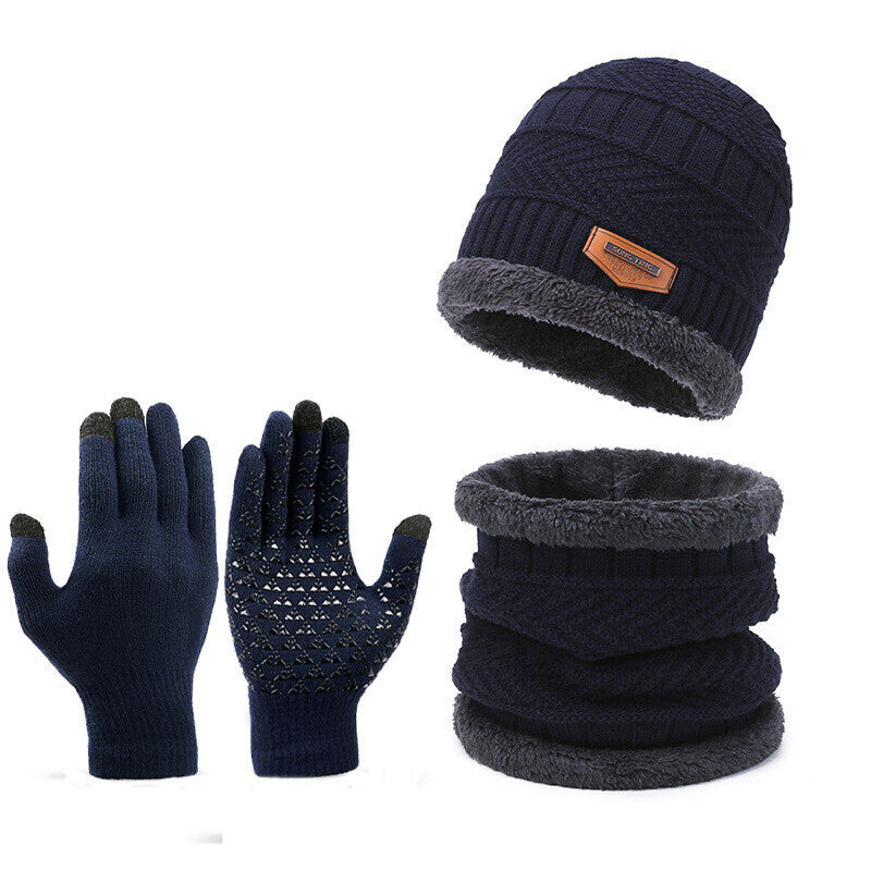3PCS Hat Scarf Gloves Set Fleece Warm Knit Neck Warmer Wool Thermal Cap Outdoor