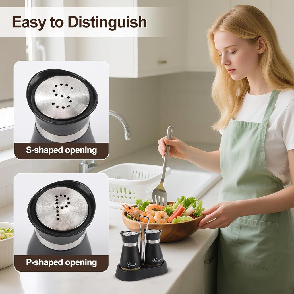 Salt and Pepper Sets,Salt and Pepper Shakers Sets with Holder,Set of 2 Stainless Steel and Glass Bottle Stainless Steel,Salt Shaker Dispenser for Cooking, BBQ (Black)