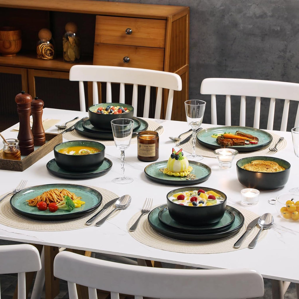 Amber 18 Pieces Dinner Set for 6, Reactive Glaze Stoneware Plates and Bowls Set, Green Crockery Set with Dinner Plates, Dessert Plates & Cereal Bowls, Microwave & Dishwasher Safe