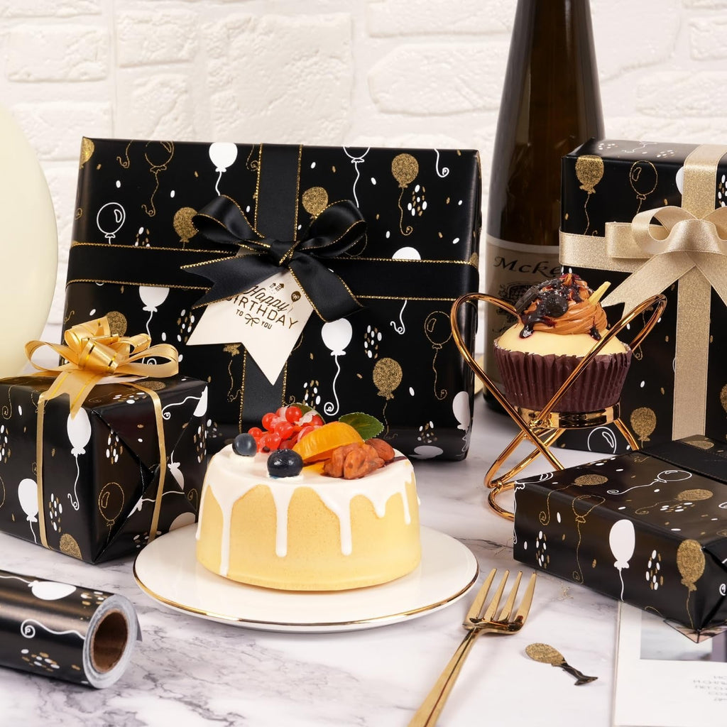 Black Birthday Wrapping Paper Roll - Metallic Dots and Balloon Design, 43Cm X 10M Black Gold Wrapping Paper for Women Men, Luxury Gift Wrap Paper for Birthday Christmas Wedding Baby Shower Party