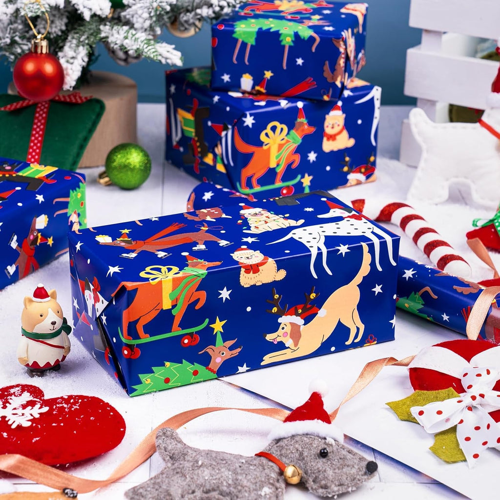 Dog Christmas Wrapping Paper - Mini Roll - 43.2Cm X 5M - Adorable Christmas Dog Wrapping Paper for Xmas, Party Celebration