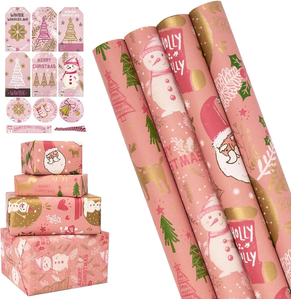 4 Rolls Pink Christmas Wrapping Paper, 43Cm*3M Recyclable Kraft Gift Wrapping Pa
