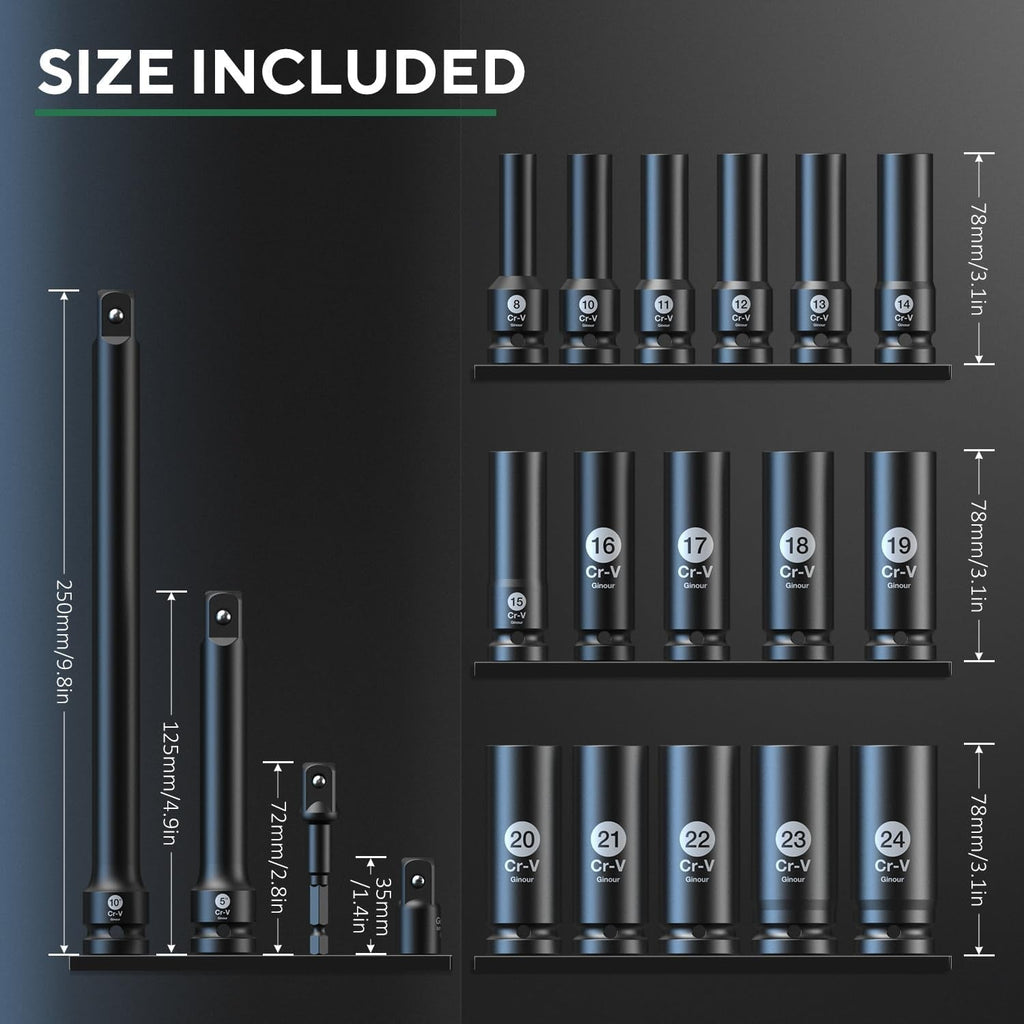 20Pcs Impact Socket Set 1/2 Inch, CR-V Drive Master Deep Impact Socket Set 8Mm - 24Mm, Metric, 6 Point, with 3Pcs Drive Impact Extension Bar Set 3", 5",10"