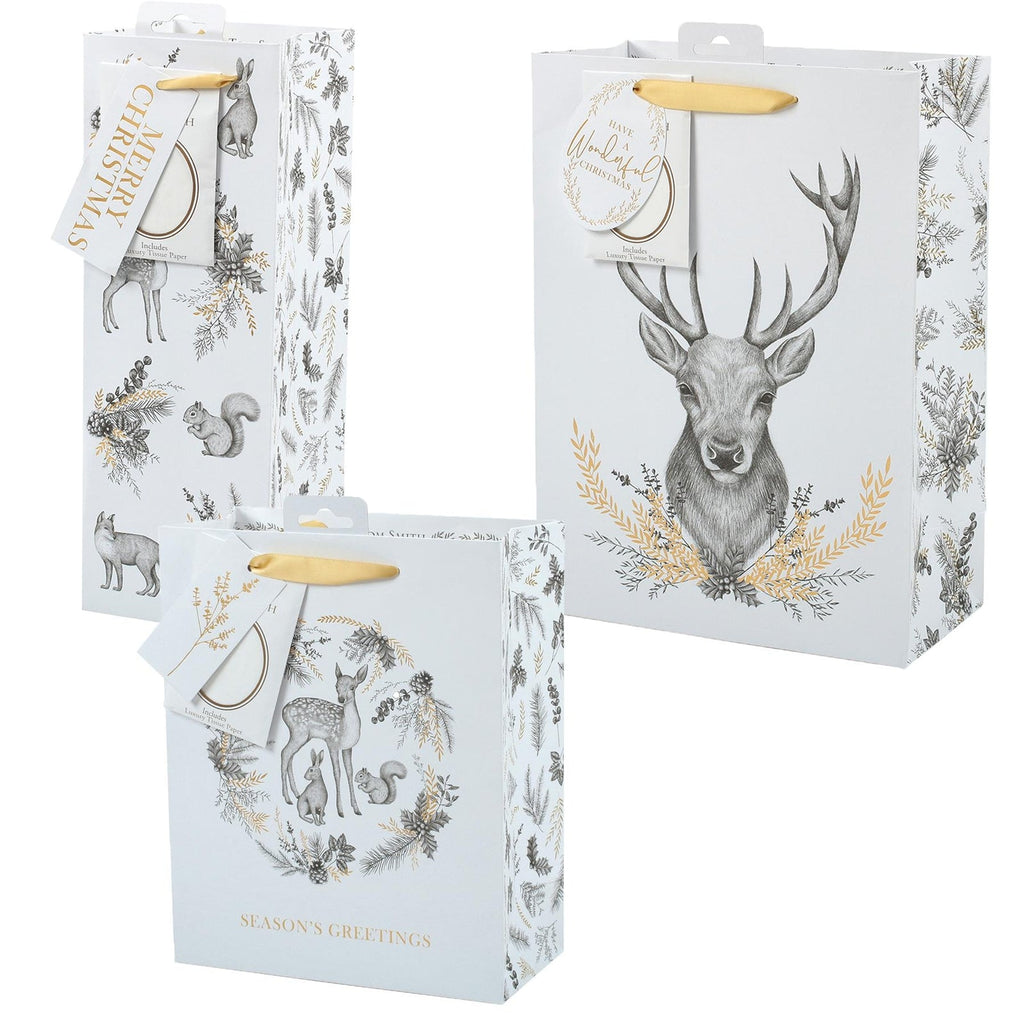Tom Smith Christmas 3 X Gift Bags Small Medium Bottle White and Gold Stag Mix
