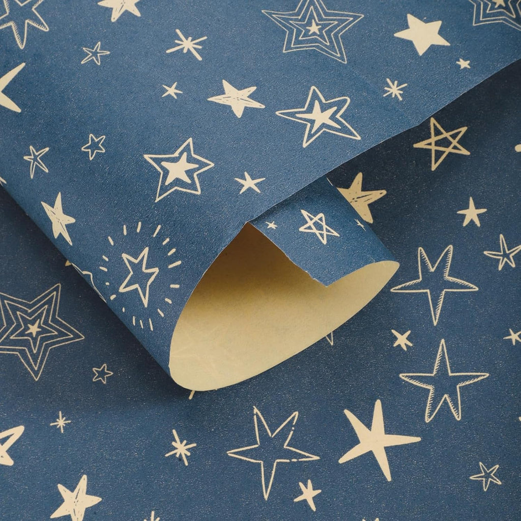 25M X 43Cm Gift Kraft Wrapping Paper Roll, Star Blue Birthday Wrapping Paper for Birthday Gift Wrap Wedding Baby Shower Party