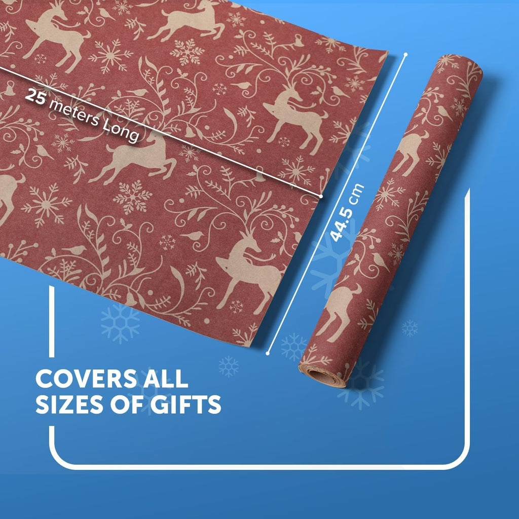 2 Pack Christmas Wrapping Paper Roll - Festive Designed Recyclable Kraft Paper, Perfect for Holiday Gifts, Arts & Crafts-Wrapping for a Merry Christmas (44.5Cm X 25M) (Reindeer)
