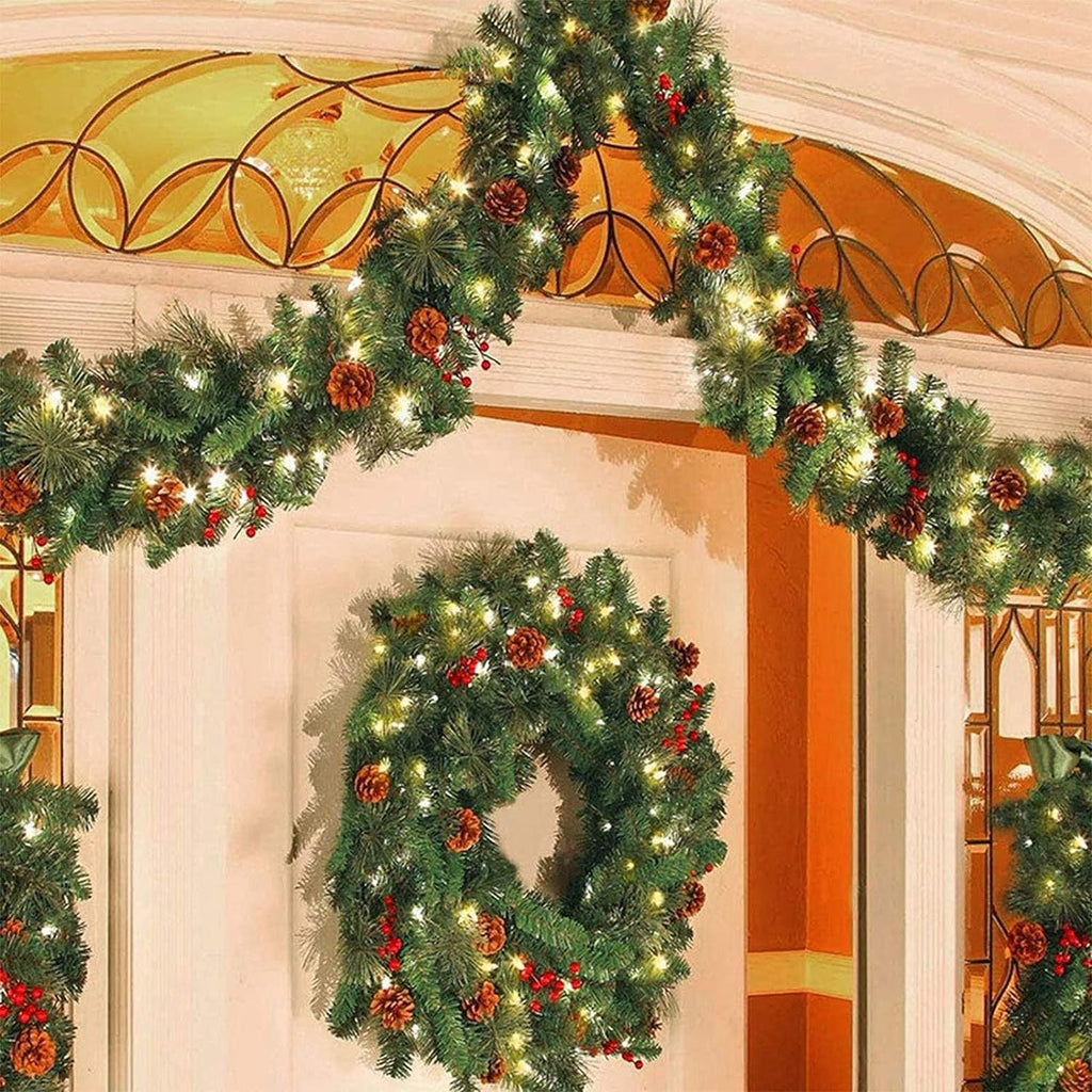 9Ft Christmas Garland Snow Flocked with Lights Pinecones Berries Wreath Bushy