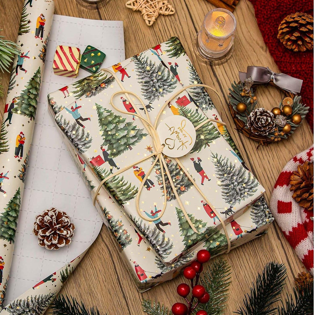 Christmas Wrapping Paper, 43Cm X 10M Christmas Tree and Lovers Gift Wrap Roll for Holiday, Winter, Party Celebration, DIY Crafts