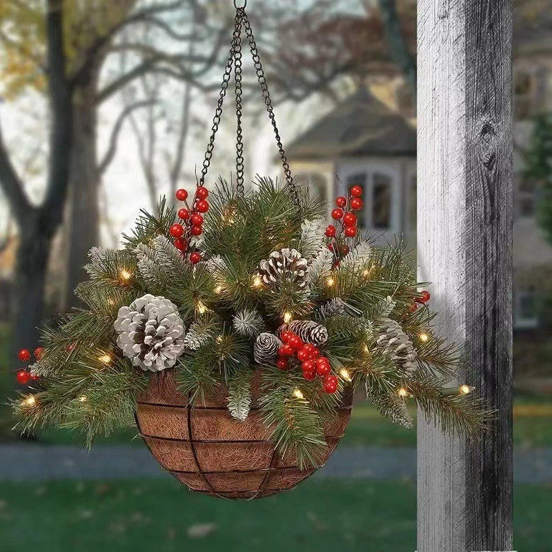 Pre-Lit Artificial Plants Hanging Basket Decorated with Berry Frosted Pine Cones