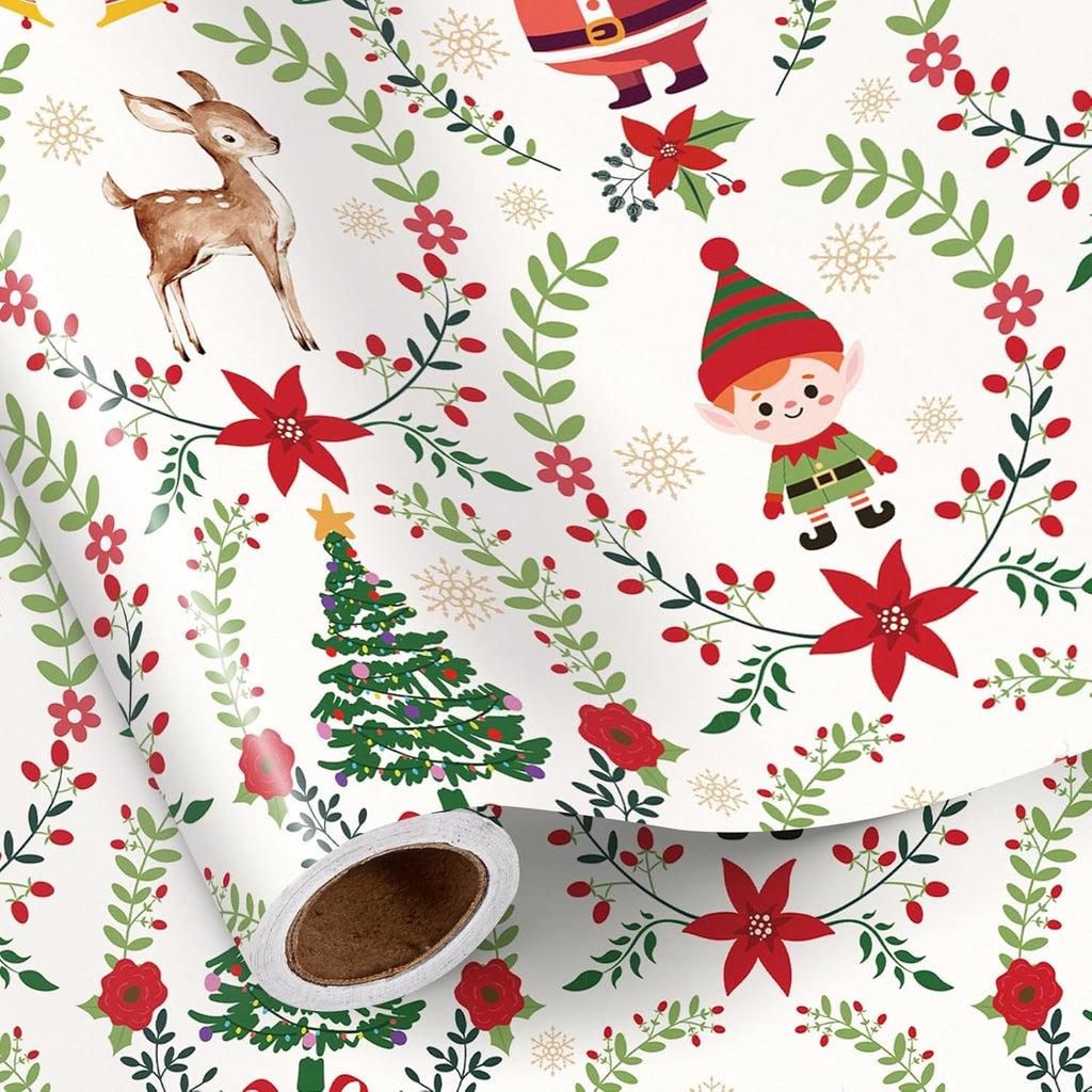 Christmas Wrapping Paper Roll for Boys Girls, Mini Roll, Santa Claus, Reindeer, Reindeer and Wreath Design, Classic Gift Wrap Paper for Party, 43.2Cm X 5M