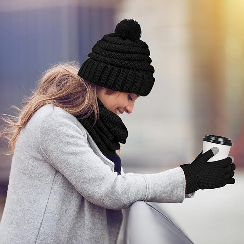 Womens Menthick Knit Hat Scarf Set and Knitted Touchscreen Warm Gloves Winter