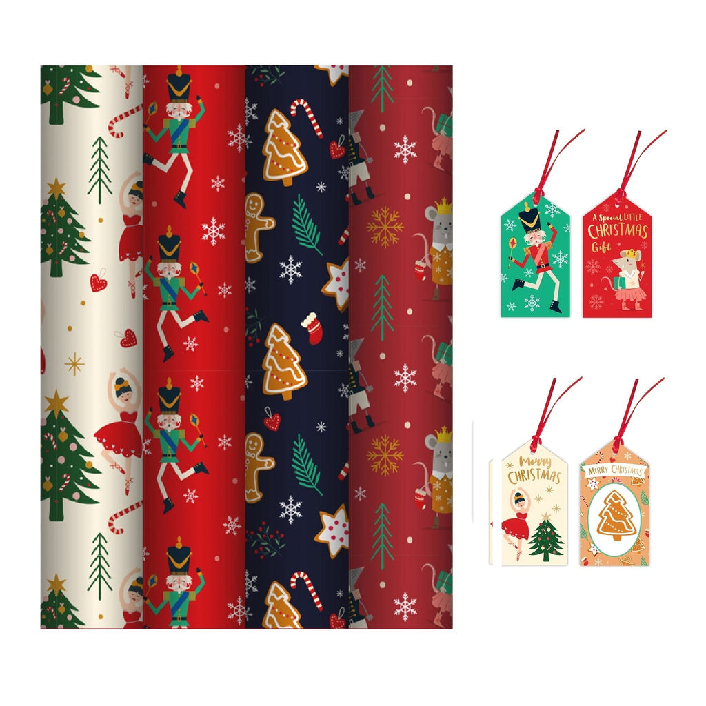 4X 4M Nutcracker Christmas Wrapping Paper Rolls Ballerina Xmas Gift Wrap 16 Tags
