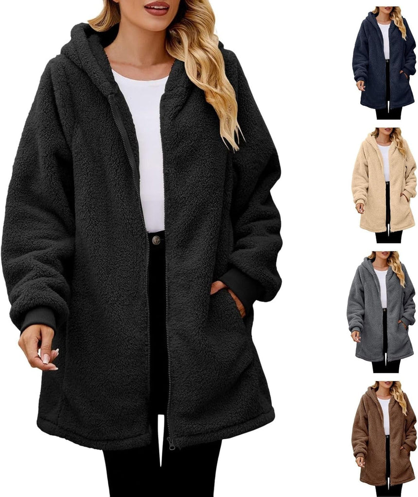 Womens Plain Hoodie Winter Warm Sherpa Lined Zip up Hooded Sweatshirt Jacket Coat Cosy Soft Fleece Blanket with Pocket