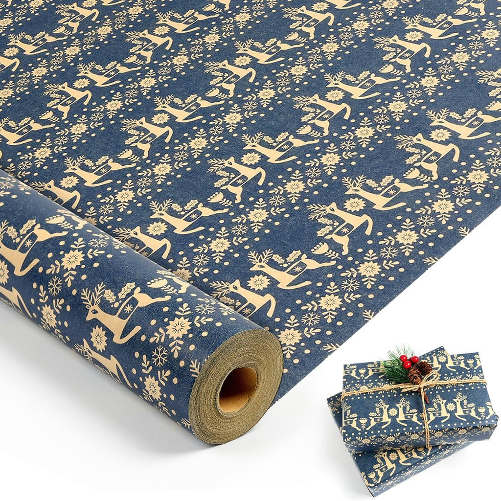 Christmas Wrapping Paper Roll, 43CM X 15M Navy Blue Vintage Xmas Wrapping Paper
