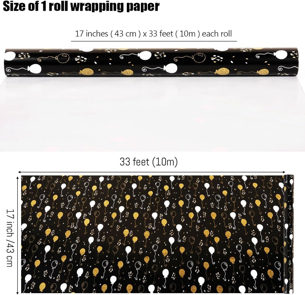 Black Birthday Wrapping Paper Roll - Metallic Dots and Balloon Design, 43Cm X 10M Black Gold Wrapping Paper for Women Men, Luxury Gift Wrap Paper for Birthday Christmas Wedding Baby Shower Party