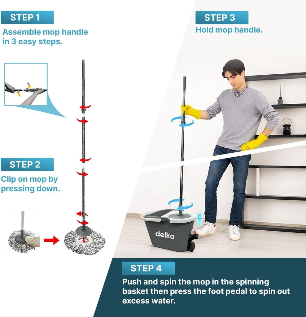 Spin Mop and Bucket Set – Easy Foot Pedal Water Removal, 360° Swivel Motion, Includes 2 Microfibre Mop Heads, All-Surface Cleaning, Splash Guard for Clean Mopping – Mop and Buckets Sets
