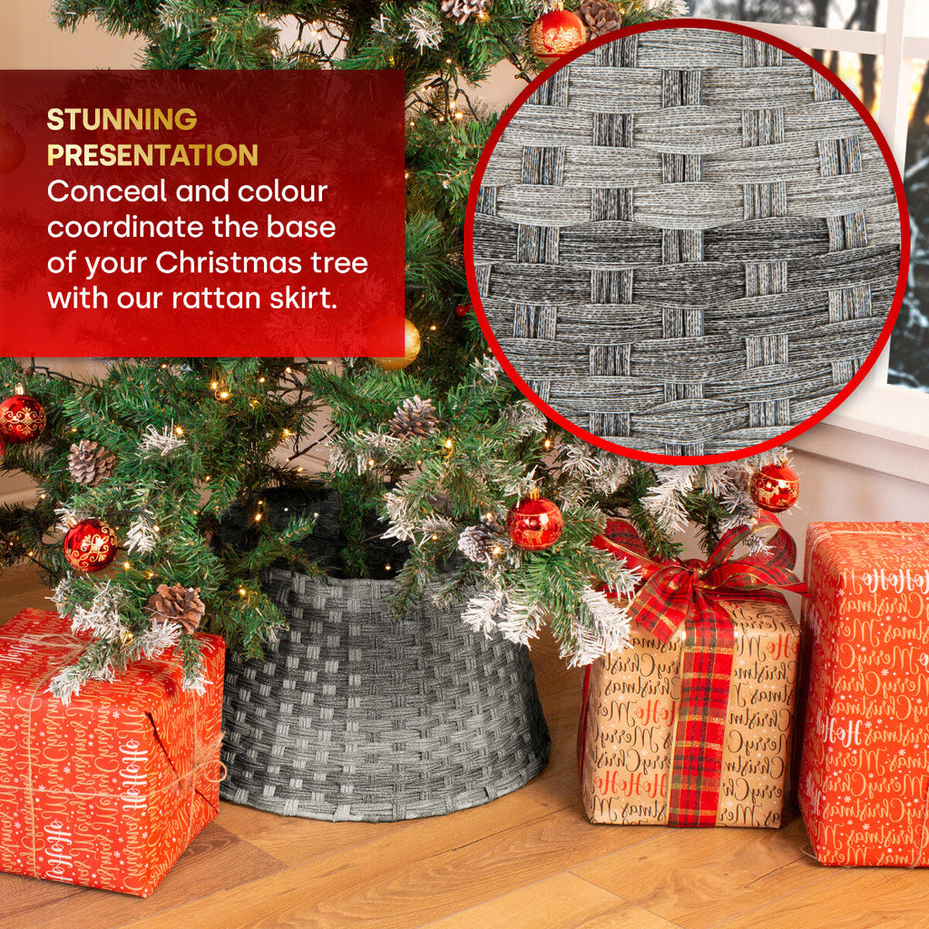 Xmas Christmas Tree Rattan Wicker Skirt Stand Base Basket Cover Tidy Decor Grey