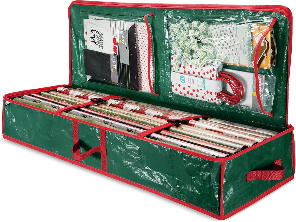 Christmas Wrapping Paper Storage Bag with Interior Pockets - Fits 18-24 Rolls - Gift Wrap Organiser for Christmas Decorations Bows, Tags & Ribbons - Durable Tear Proof Wrapping Paper Storage Box