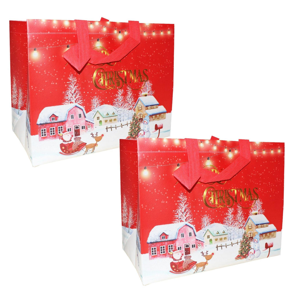 Christmas Gift Bags Set of 2 Large Shopper Xmas Presents 32Cmx26Cm - Festive Red