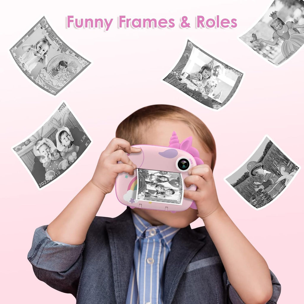 Kids Camera Instant Print, Digital Camera for Kids with No Ink Print Paper & 32G TF Card, Selfie Video Camera with Color Pens for DIY, Fun Gift for Girls Boys 3-14 Years Old (Pink)