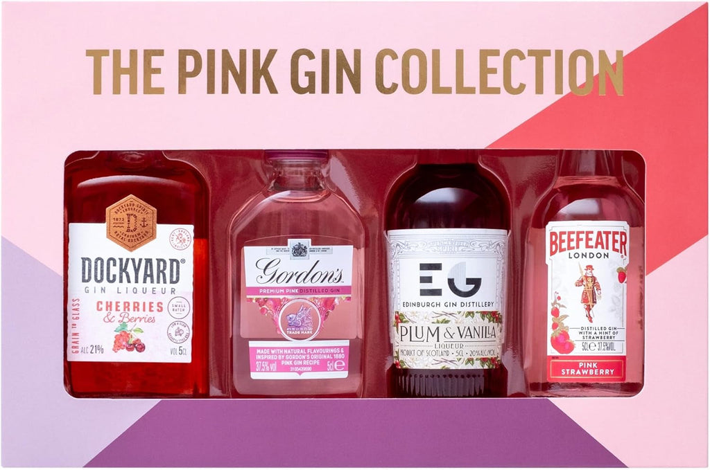 Pink Gin Gift Set - Gin Gifts for Women, 4X5Cl Beefeater Pink Strawberry, Gordons, Edinburgh Plum & Vanilla, Dockyard Cherries & Berries Flavoured Liqueur, Womens Alcohol Gifts, Birthday