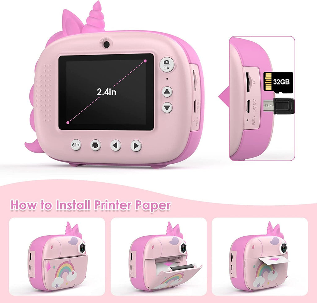 Kids Camera Instant Print, Digital Camera for Kids with No Ink Print Paper & 32G TF Card, Selfie Video Camera with Color Pens for DIY, Fun Gift for Girls Boys 3-14 Years Old (Pink)