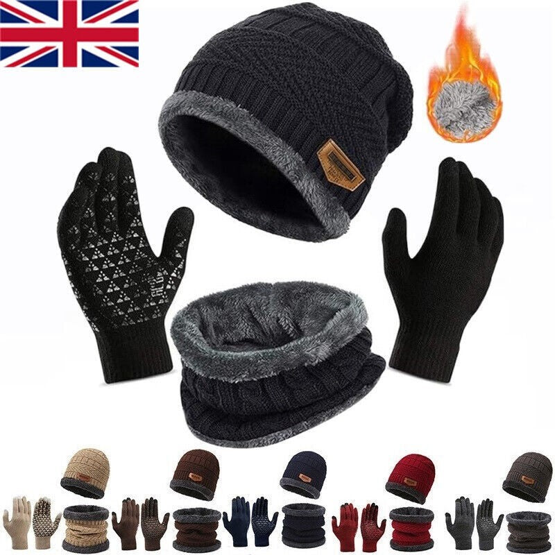 3PCS Hat Scarf Gloves Set Fleece Warm Knit Neck Warmer Wool Thermal Cap Outdoor