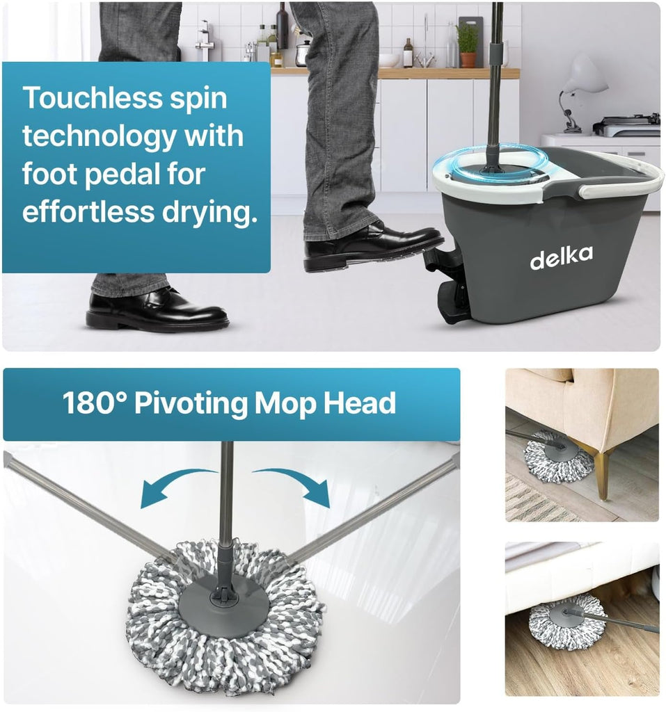 Spin Mop and Bucket Set – Easy Foot Pedal Water Removal, 360° Swivel Motion, Includes 2 Microfibre Mop Heads, All-Surface Cleaning, Splash Guard for Clean Mopping – Mop and Buckets Sets