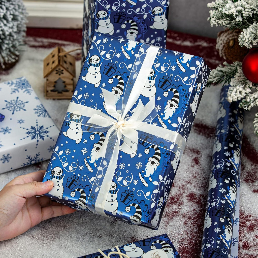 Christmas Wrapping Paper - Mini Roll - Funny Snowman and Snowflake Pattern Blue Reversible Gift Wrap for Winter Holiday Festive Celebration - 43Cm X 10M
