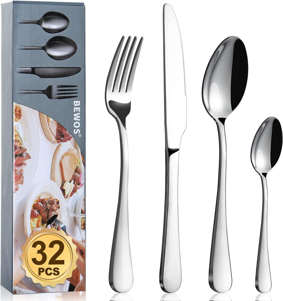 Cutlery Set,  32 Piece Stainless Steel Flatware Set, Tableware Silverware Set with Spoon Knife and Fork Set, Service for 8, Dishwasher Safe/Easy Clean, Mirror Polished