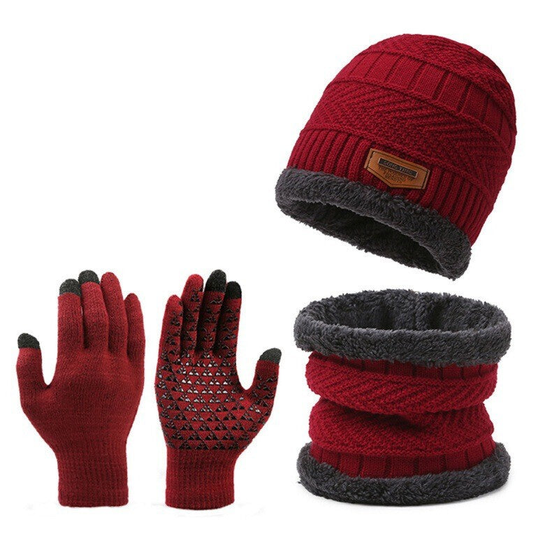 3PCS Hat Scarf Gloves Set Fleece Warm Knit Neck Warmer Wool Thermal Cap Outdoor
