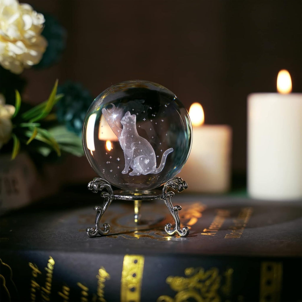60Mm 3D Cat Crystal Ball Figurine Glass Laser Engraved Cat Moon Star Crystal Ball with Stand Glass Sphere Paperweights Cat Gifts for Cat Lovers Women