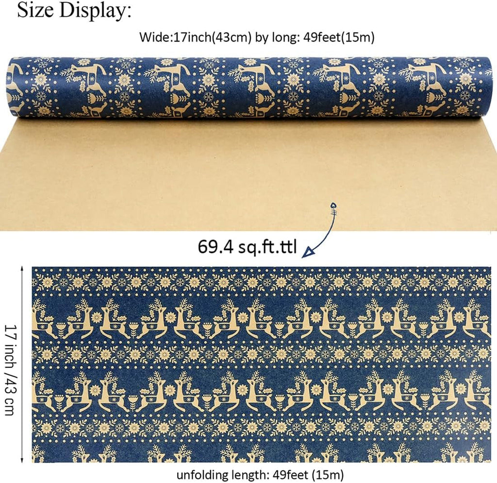 Christmas Wrapping Paper Roll, 43CM X 15M Navy Blue Vintage Xmas Wrapping Paper