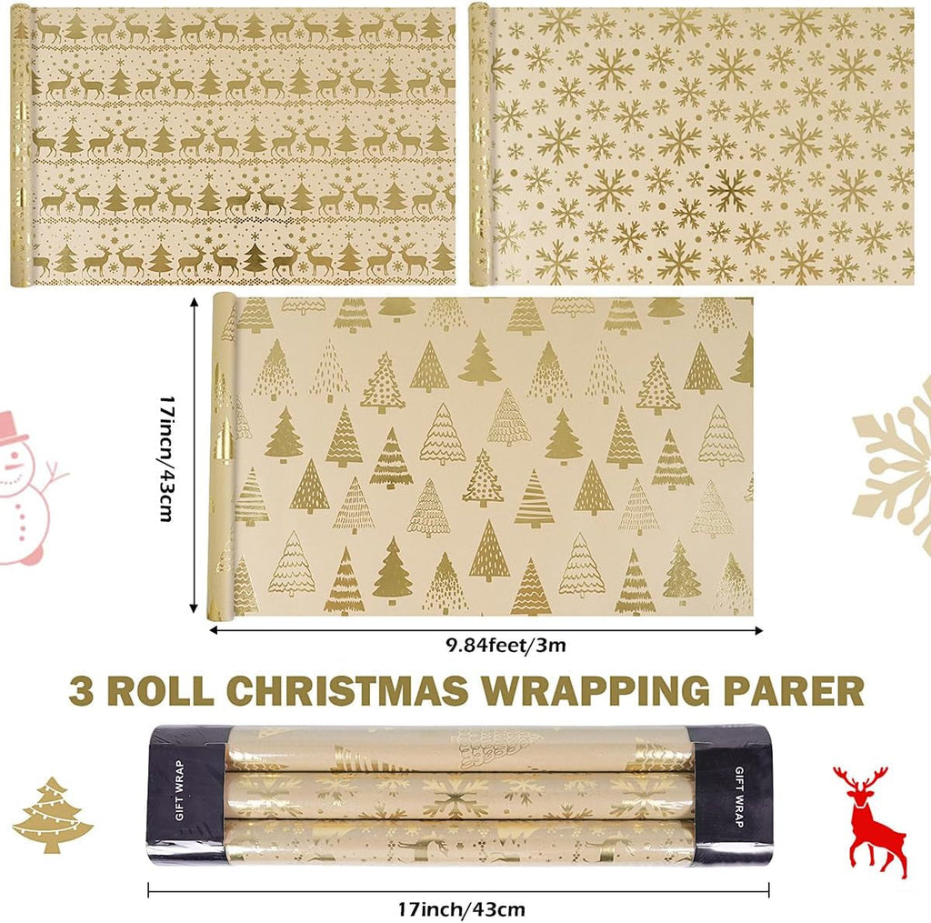 Christmas Wrapping Paper Rolls, Metallic Gold Foil - Brown Kraft Xmas Wrapping Paper Rolls, Gift Wrapping Paper for Women Men, Wrapping Paper for Christmas New Year Winter, 3 Rolls, 43Cm X 3M per Roll