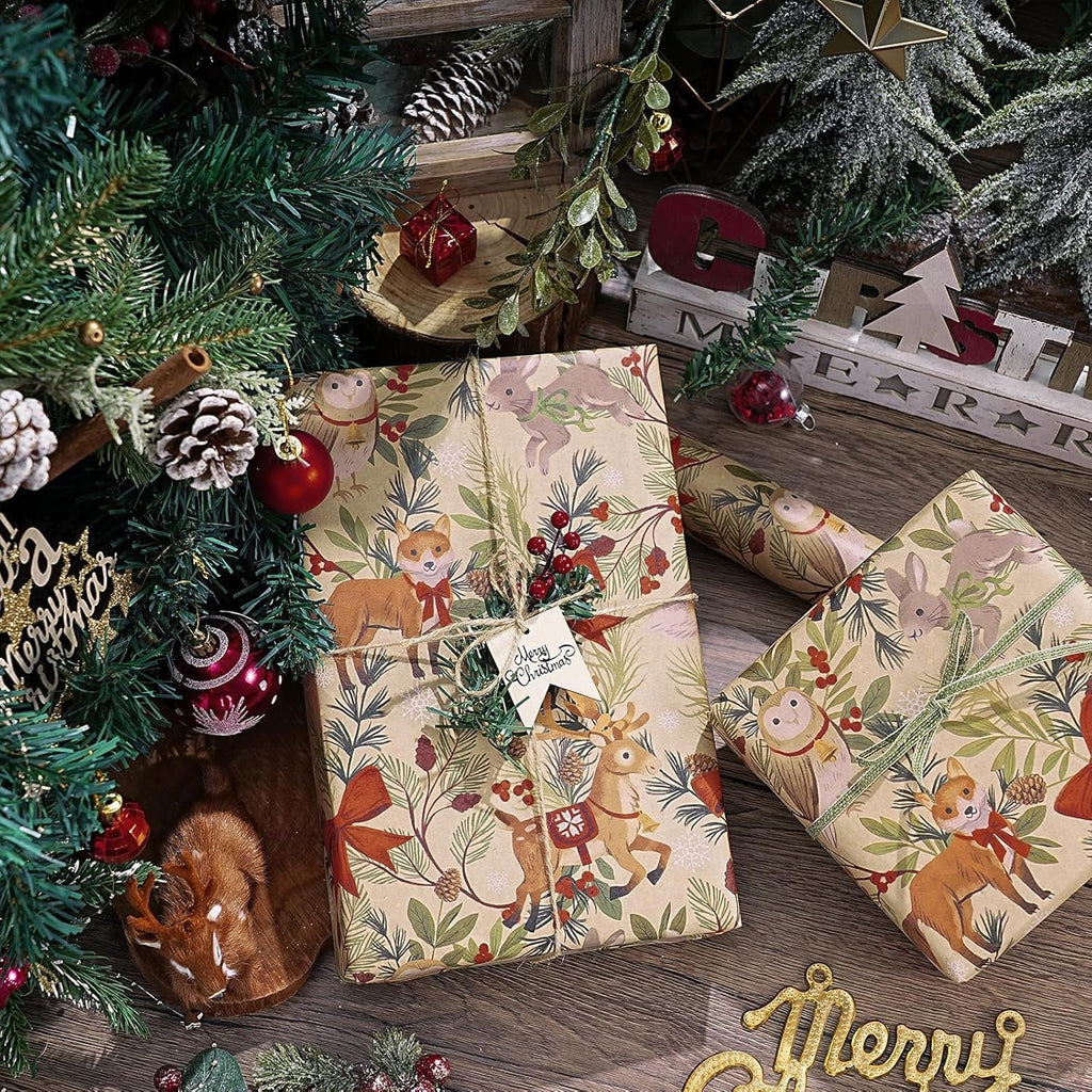 Christmas Wrapping Paper Roll for Boys Girls, Mini Roll, Woodland Animal Design with Fox, Reindeer, Owl and Bunny, Kraft Gift Wrap for Christmas, Winter Party, 43.2Cm X 5M