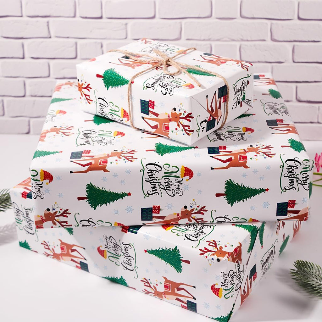 Christmas Wrapping Paper Roll,43Cm*12M Christmas Elements Collection Paper for Xmas Present (White and Green)
