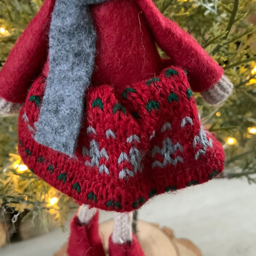 Red Hanging Mouse Girl Christmas Tree Decoration Fairisle Dress Fabric Felt