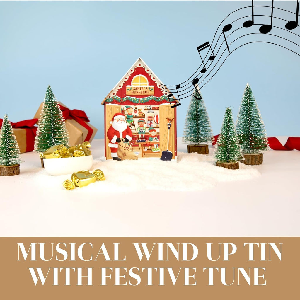 Santa'S Workshop Musical Souvenir Tin Filled with Devon Toffee - Toffee Sweet Tin with Individually Wrapped Sweets, Novelty Musical Tins with Festive Sweets - Luxury Christmas Treats Gift Box