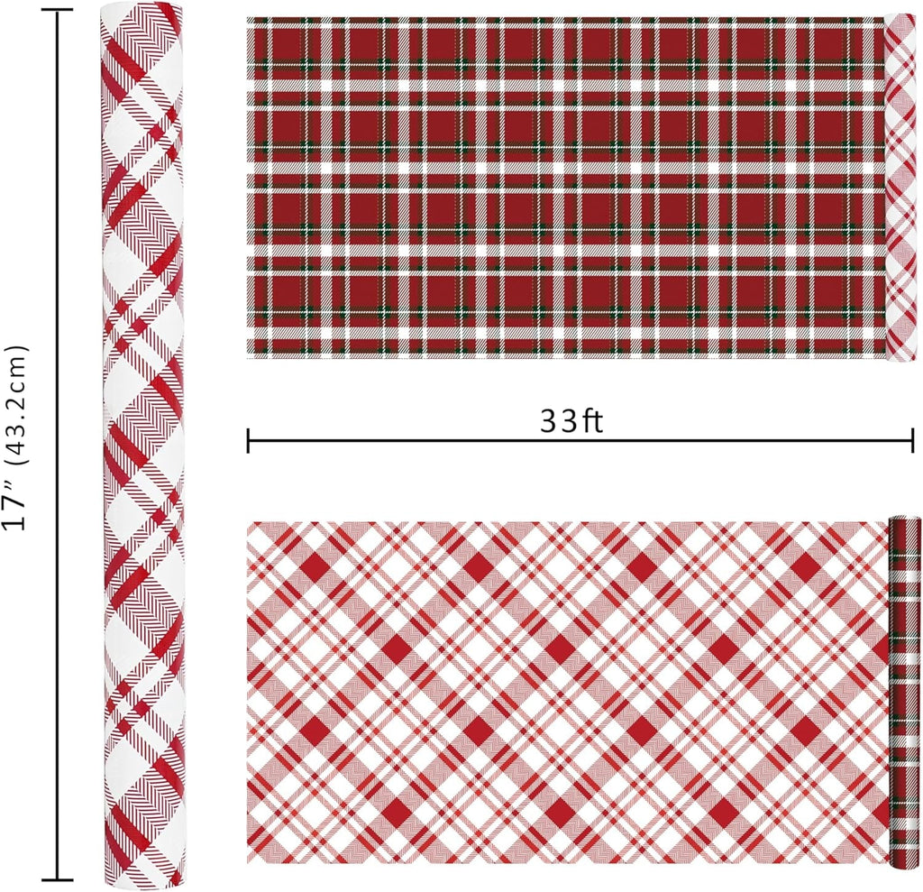 Reversible Christmas Wrapping Paper Roll, Classic Red & White Plaid Gift Wrap for Christmas, Holiday, Winter Party, 43Cm X 10M