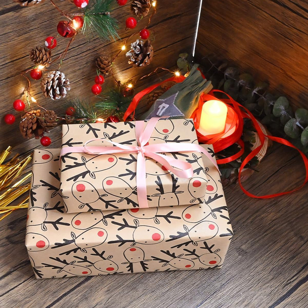 43Cm *15M Christmas Wrapping Paper Roll, Recyclable Brown Gift Wrapping Paper with Elk for Xmas Party Gifts, Birthday,Graduation,Eco-Friendly Present Decorations-Elk Head